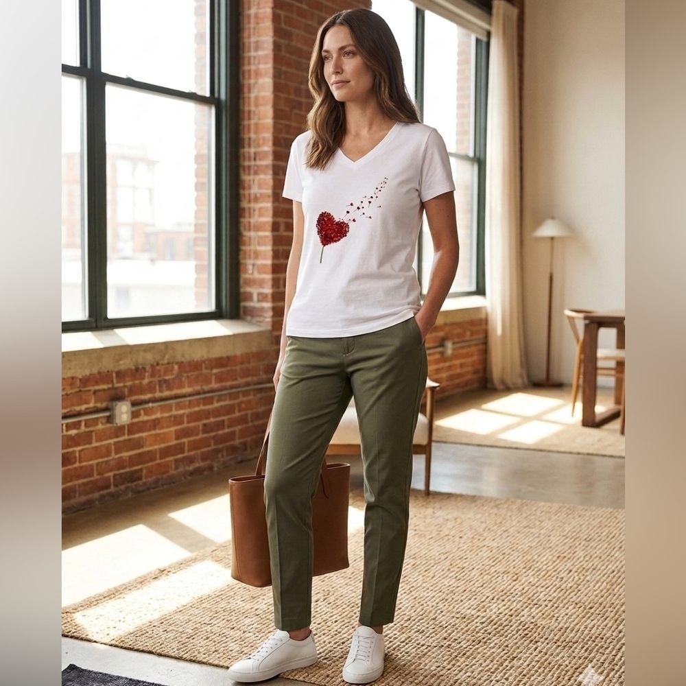 Women's White Heart Graphic V-Neck T-Shirt - Picture 3 of 4